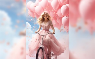Girl on Cycle with Pink Balloon Celebrating Valentine day 03