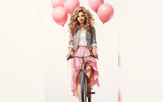 Girl on Cycle with Pink Balloon Celebrating Valentine day 09