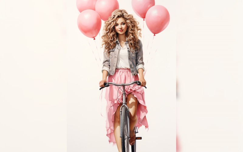 Girl on Cycle with Pink Balloon Celebrating Valentine day 09 Illustration