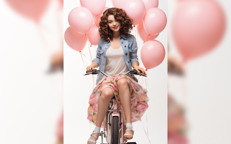 Girl on Cycle with Pink Balloon Celebrating Valentine day 11 Illustration