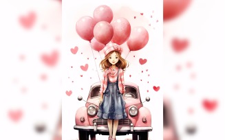 Girl on Pink Retro car with Pink Balloon Celebrating Valentine day 02