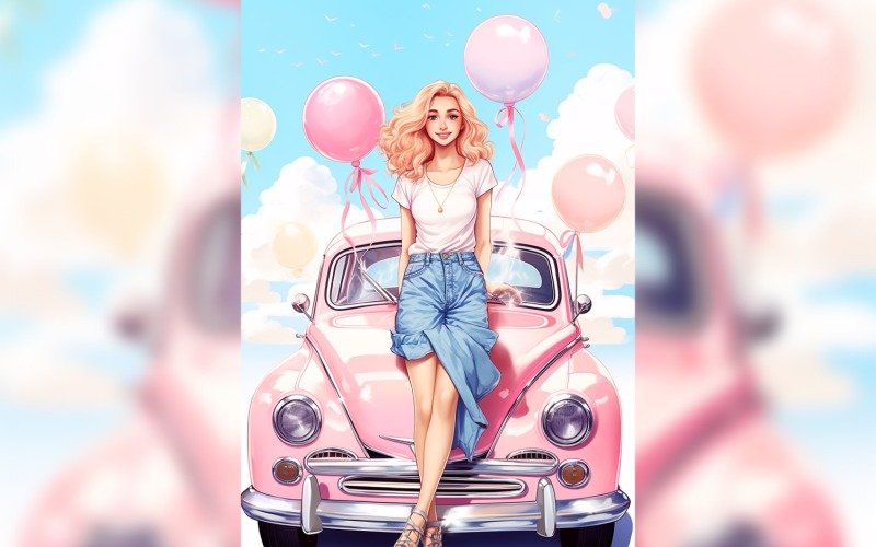 Girl on Pink Retro car with Pink Balloon Celebrating Valentine day 04 Illustration