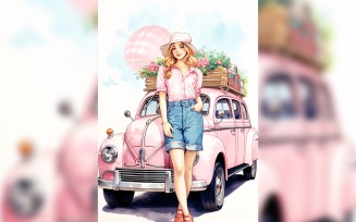 Girl on Pink Retro car with Pink Balloon Celebrating Valentine day 07