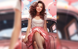 Girl on Pink Retro car with Pink Balloon Celebrating Valentine day 13