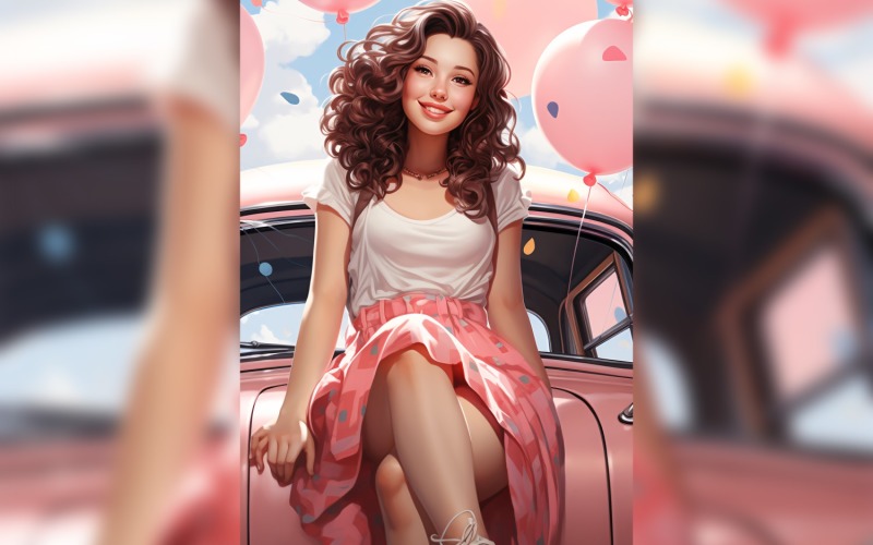 Girl on Pink Retro car with Pink Balloon Celebrating Valentine day 13 Illustration