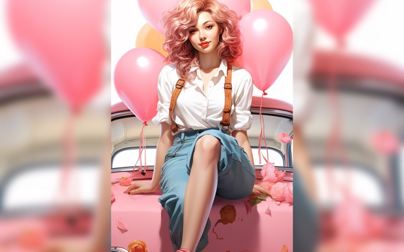 Girl on Pink Retro car with Pink Balloon Celebrating Valentine day 14 Illustration