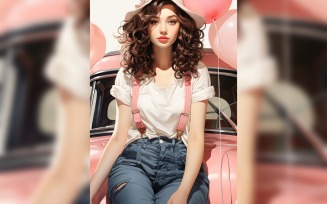 Girl on Pink Retro car with Pink Balloon Celebrating Valentine day 15
