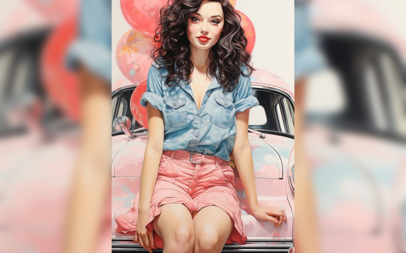 Girl on Pink Retro car with Pink Balloon Celebrating Valentine day 17 Illustration