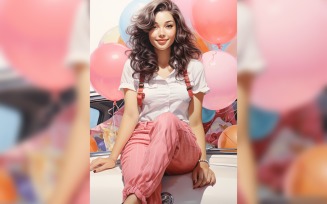 Girl on Pink Retro car with Pink Balloon Celebrating Valentine day 18