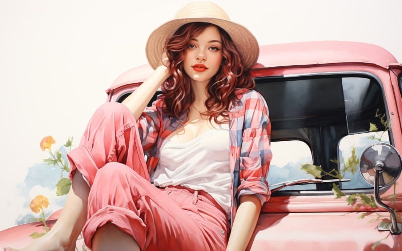 Girl on Pink Retro car with Pink Balloon Celebrating Valentine day 19 Illustration