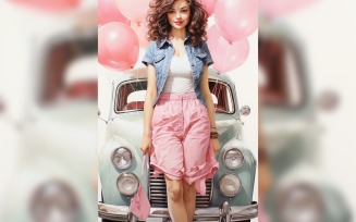 Girl on Pink Retro car with Pink Balloon Celebrating Valentine day 20