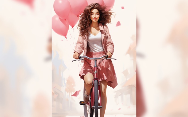 Girl on Cycle with Pink Balloon Celebrating Valentine day 17 Illustration