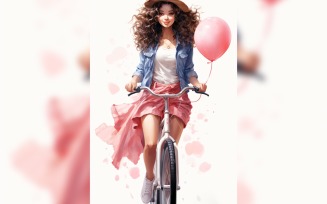 Girl on Cycle with Pink Balloon Celebrating Valentine day 19