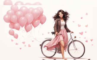 Girl on Cycle with Pink Balloon Celebrating Valentine day 20