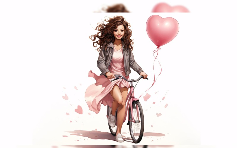 Girl on Cycle with Pink Balloon Celebrating Valentine day 21 Illustration