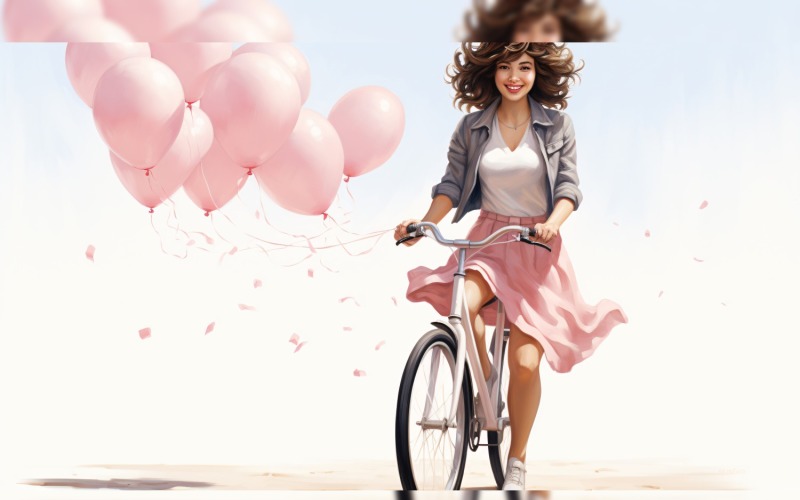 Girl on Cycle with Pink Balloon Celebrating Valentine day 22 Illustration