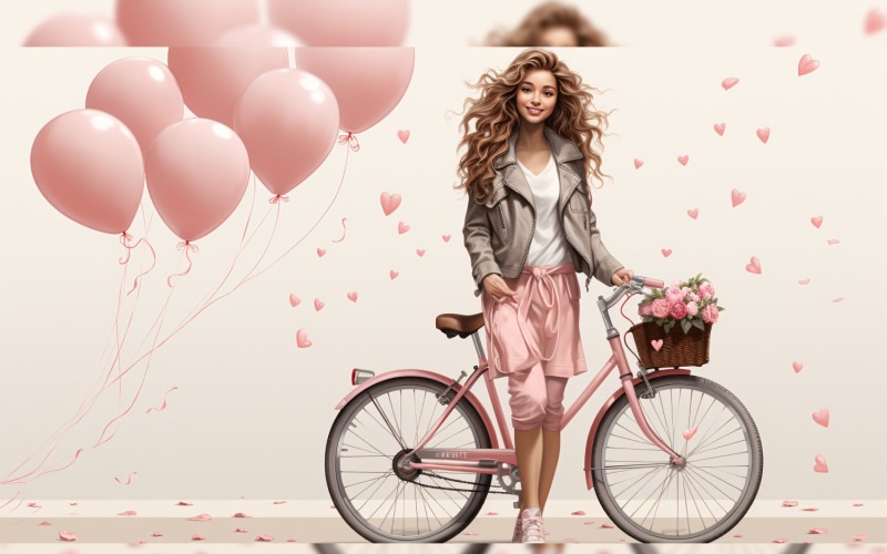 Girl on Cycle with Pink Balloon Celebrating Valentine day 23 Illustration