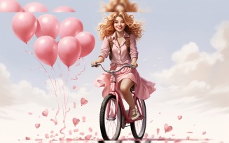 Girl on Cycle with Pink Balloon Celebrating Valentine day 24