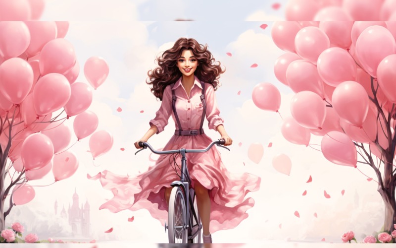 Girl on Cycle with Pink Balloon Celebrating Valentine day 25 Illustration