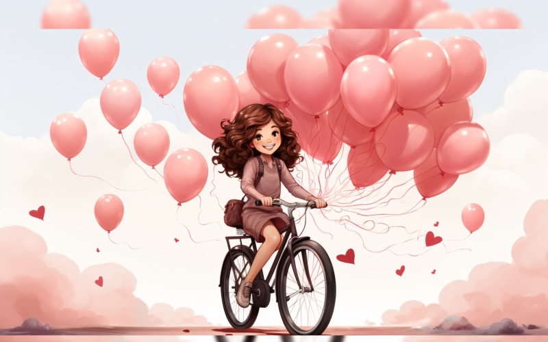 Girl on Cycle with Pink Balloon Celebrating Valentine day 26 Illustration