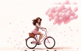 Girl on Cycle with Pink Balloon Celebrating Valentine day 27
