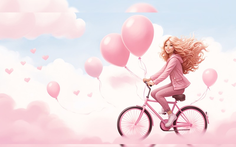 Girl on Cycle with Pink Balloon Celebrating Valentine day 28 Illustration