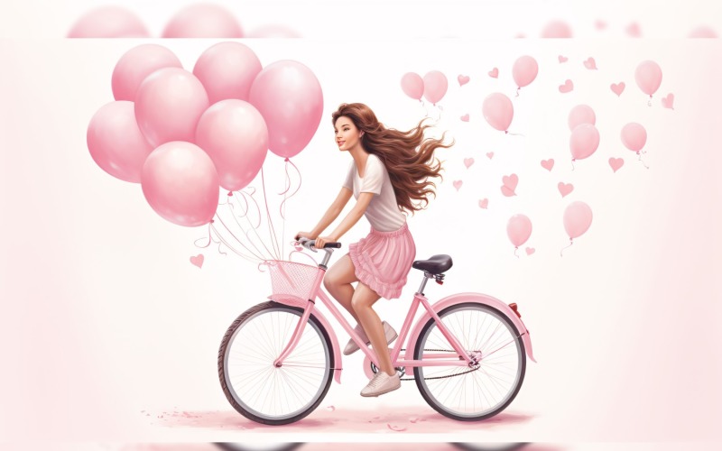 Girl on Cycle with Pink Balloon Celebrating Valentine day 29 Illustration