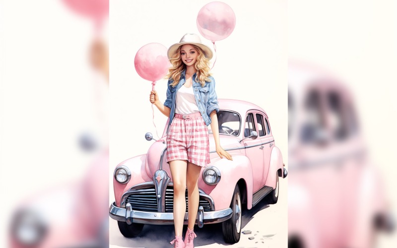 Girl on Pink Retro car with Pink Balloon Celebrating Valentine day 24 Illustration