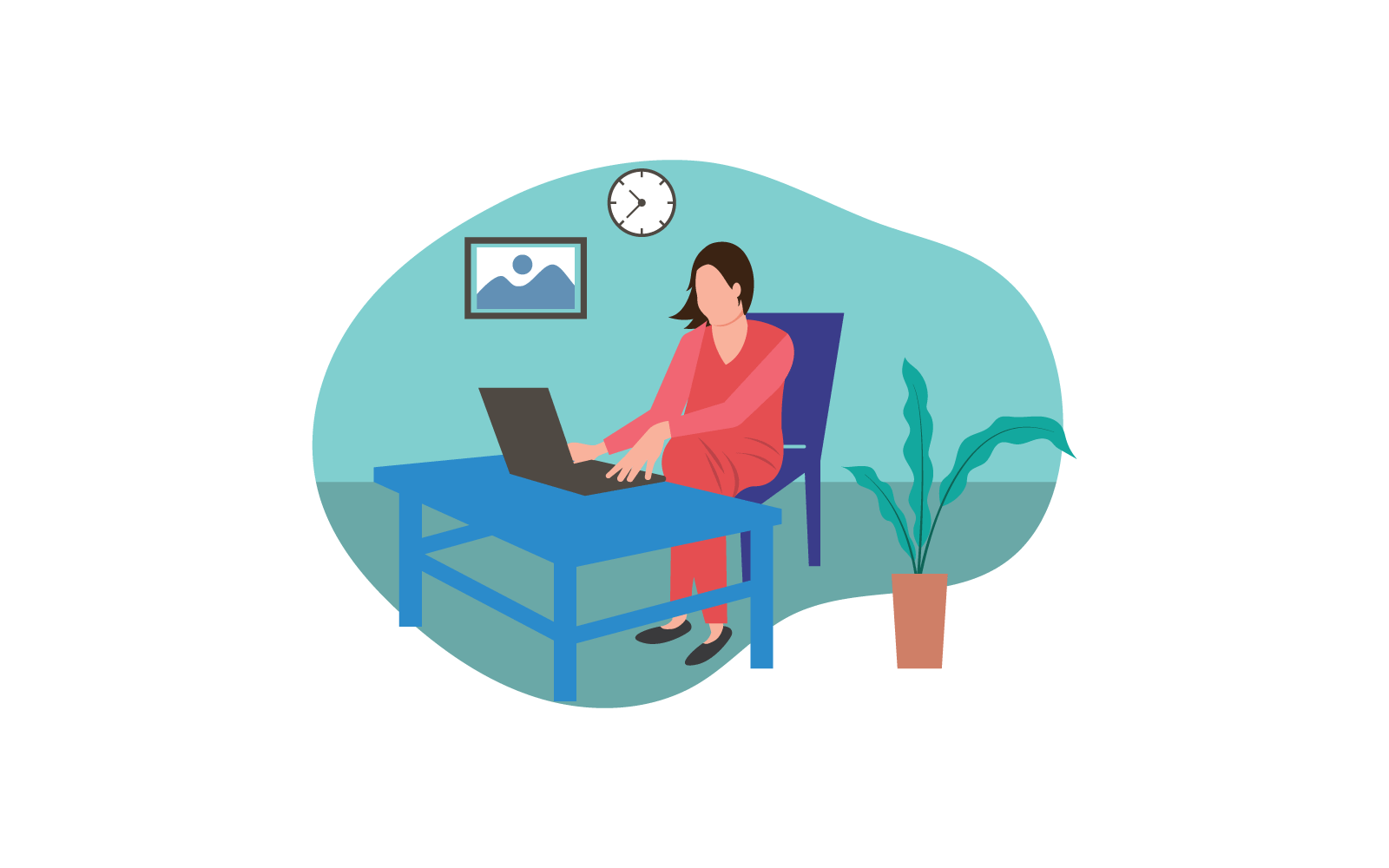 Women with laptop work from home flat design illustration Logo Template