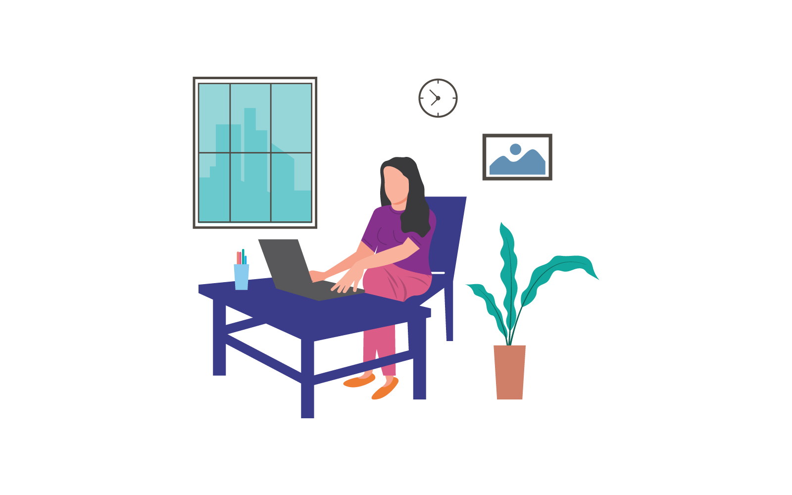 Women with laptop work from home vector flat design Logo Template