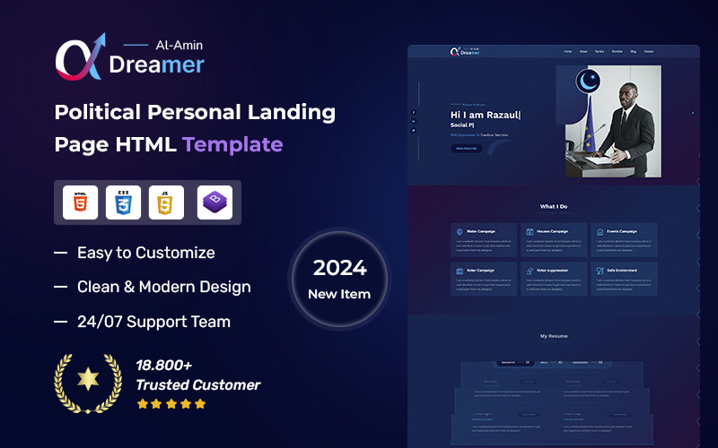 Dreamer - Political Personal Portfolio HTML5 Template Landing Page Template