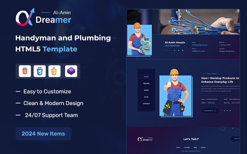 Dreamer - Handyman and Plumbing Personal HTML Template Landing Page Template