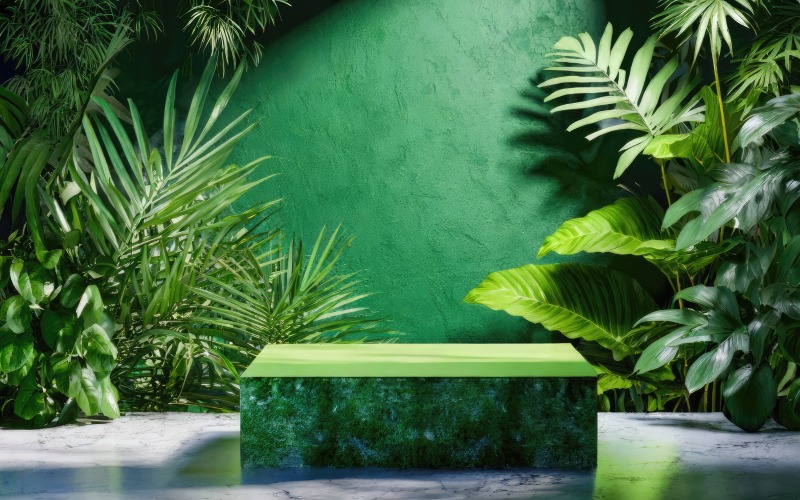 free Green podium in tropical forest background Background