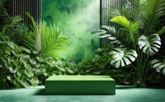 Green podium in tropical forest background for product presentation