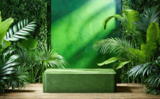 Green podium in tropical forest background
