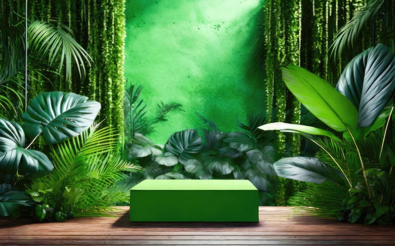 Premium quality Green podium in tropical forest background Background