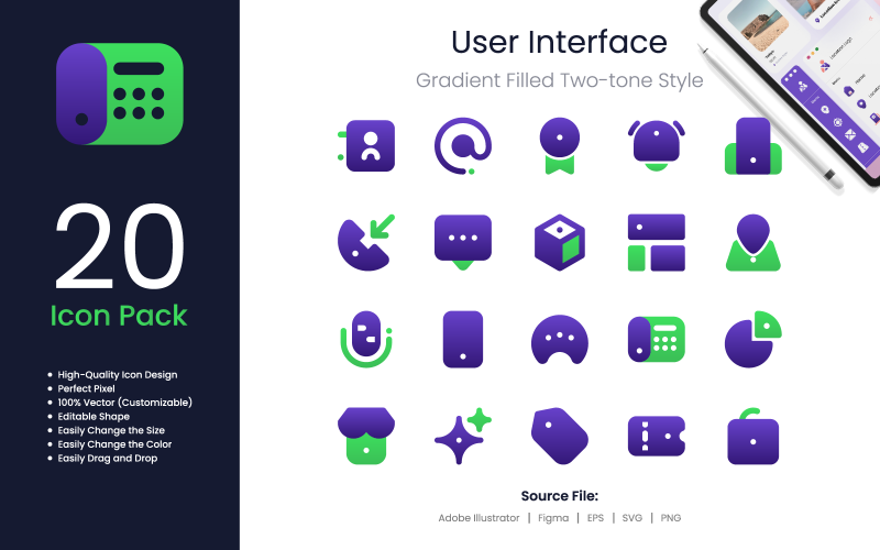 User Interface Icon Pack Gradient Filled Two-Tone Style 3 Icon Set