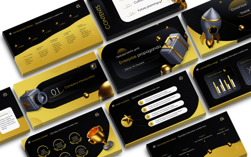 Black Gold 3D Enterprise Promotion Company Introduction Product Introduction PPT PowerPoint Template