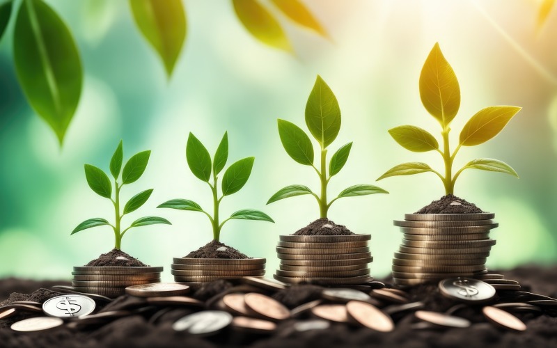 Business Growing Plants on Coins Stacked on Green Blurred Background design