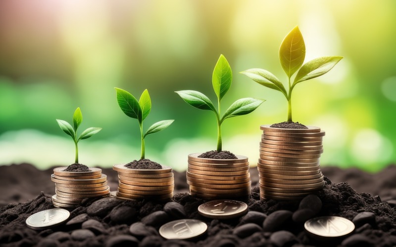 Business Growing Plants on Coins Stacked on Green Blurred Background