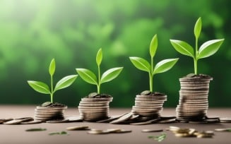 Business Growing Plants on Coins Stacked on Green Blurred Backgrounds