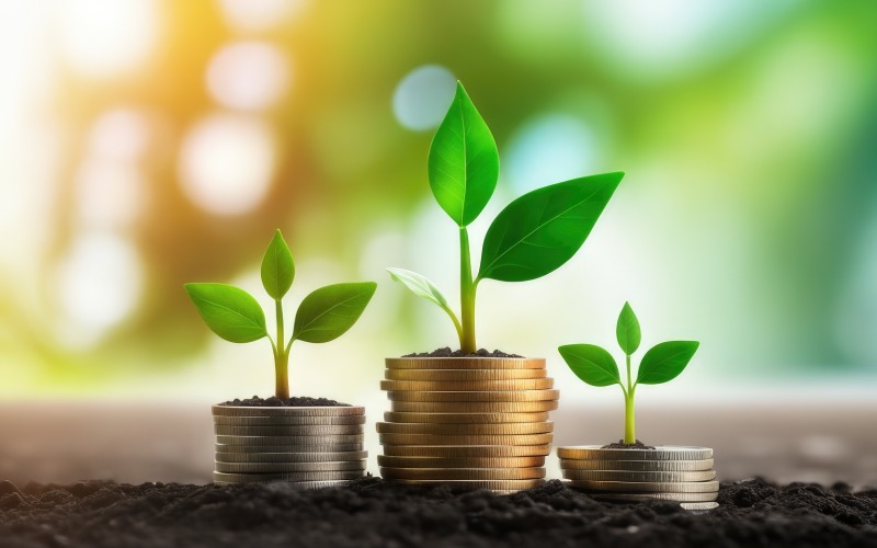Business Growing Plants on Coins Stacked on Green Blurred stock Background
