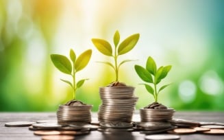 Business Growing Plants on Coins Stacked on Green Blurred stock image Background