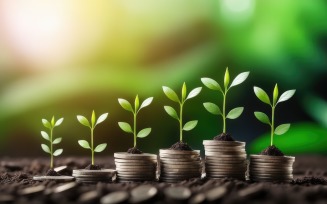 Premium Business Growing Plants on Coins Stacked on Green Blurred Backgrounds