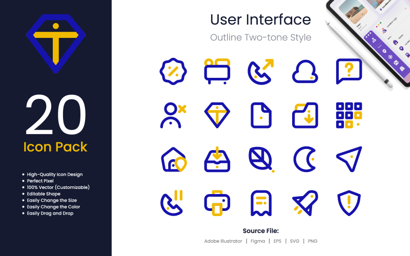 User Interface Icon Pack Outline Two-Tone Style 3 Icon Set