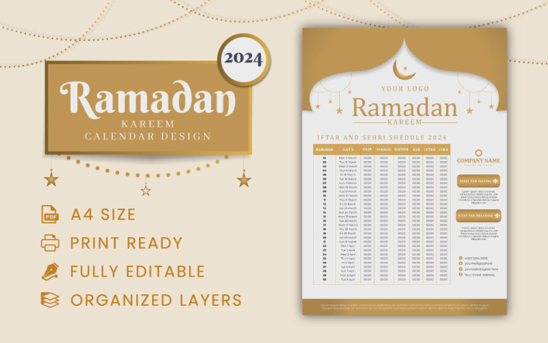 Free Ramadan kareem calendar 2024 Planner
