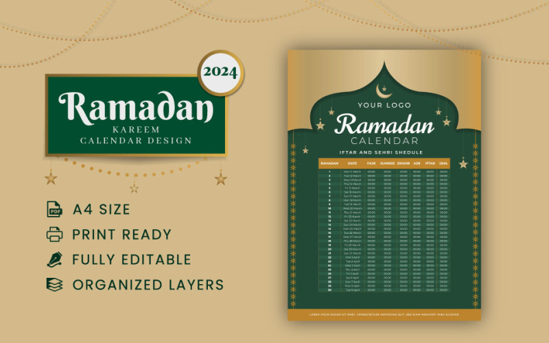 Ramadan Kareem Timing Calendar 2024. Planner