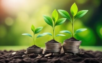 Premium Business Growing Plants on Coins Stacked on Green Blurred Background 24