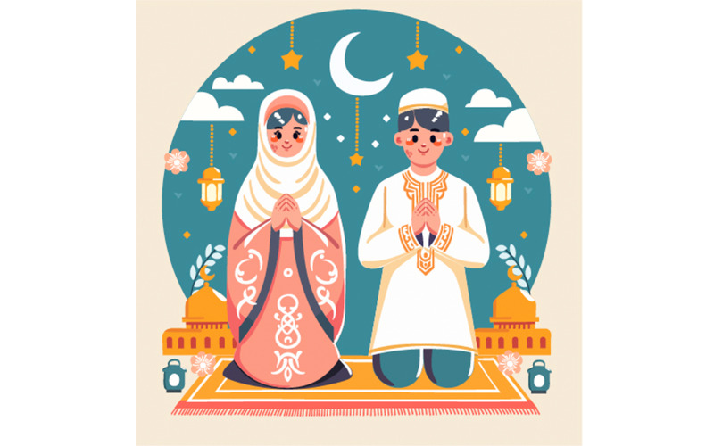 Ramadan Kareem Greeting Celebration with Muslim Characters Illustration