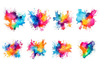 Colorful rainbow watercolor paint splash explosion transparent png background set